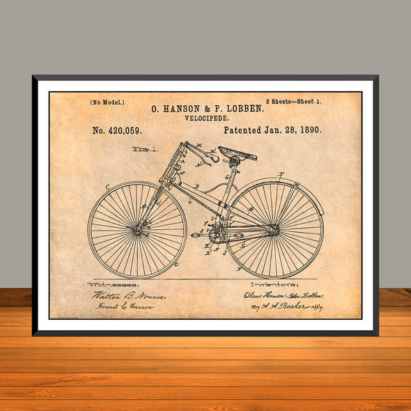 1890 Hanson & Lobben Velocipede Patent Print - Unframed