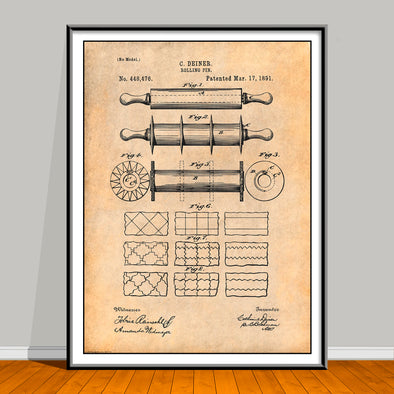 1891 Rolling Pin Patent drawing on an antique paper background, unframed art print.