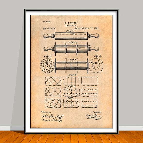 1891 Rolling Pin Patent drawing on an antique paper background, unframed art print.