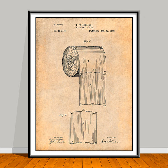 1891 Toilet Paper Roll Patent drawing on an antique paper background, unframed art print.