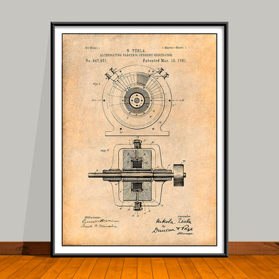 1891 Tesla Alternating Current Generator Patent Print - UNFRAMED