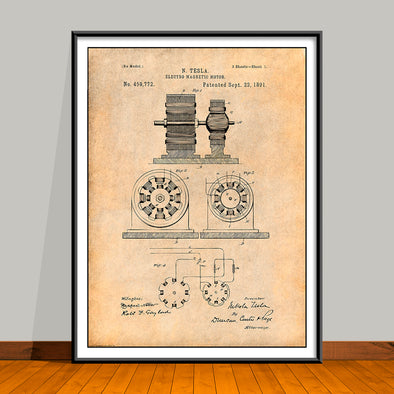 1891 Tesla Electro Magnetic Motor Patent Print - UNFRAMED