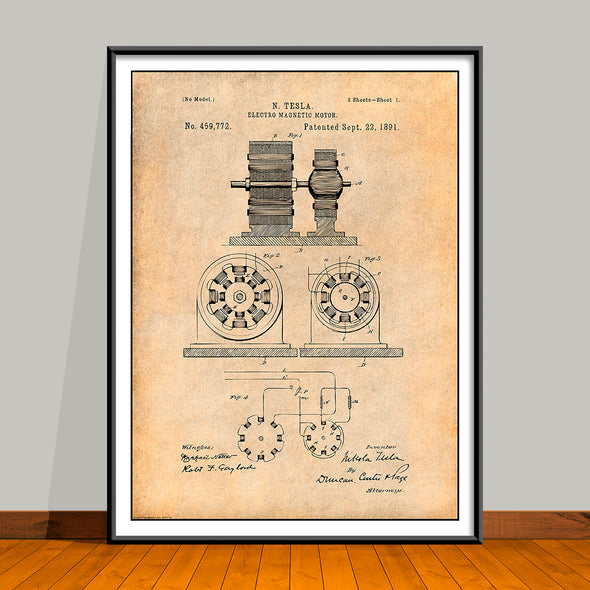 1891 Tesla Electro Magnetic Motor Patent Print - UNFRAMED
