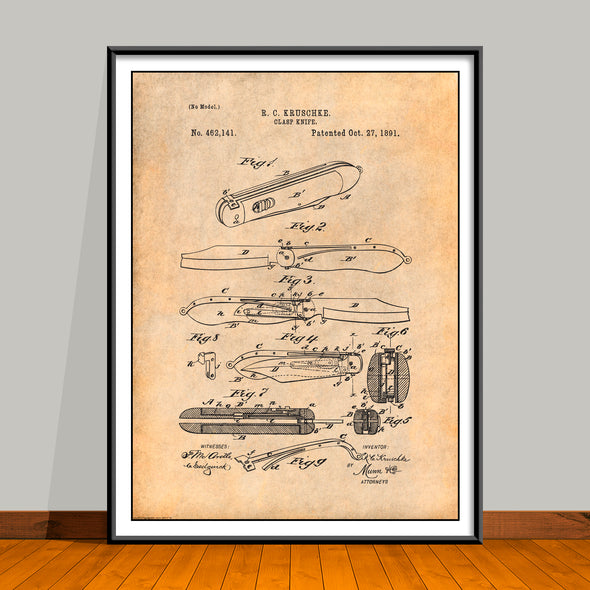 1891 Pocket Knife with clap Patent Print - Unframed