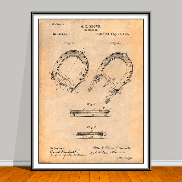 1892 Brown Horseshoe Patent drawing on an antique paper background, unframed art print.