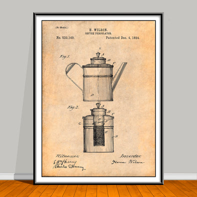 1894 Coffee Percolator Patent drawing on an antique paper background, unframed art print.