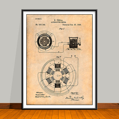 1896 Tesla Alternating Motor Patent Print - UNFRAMED