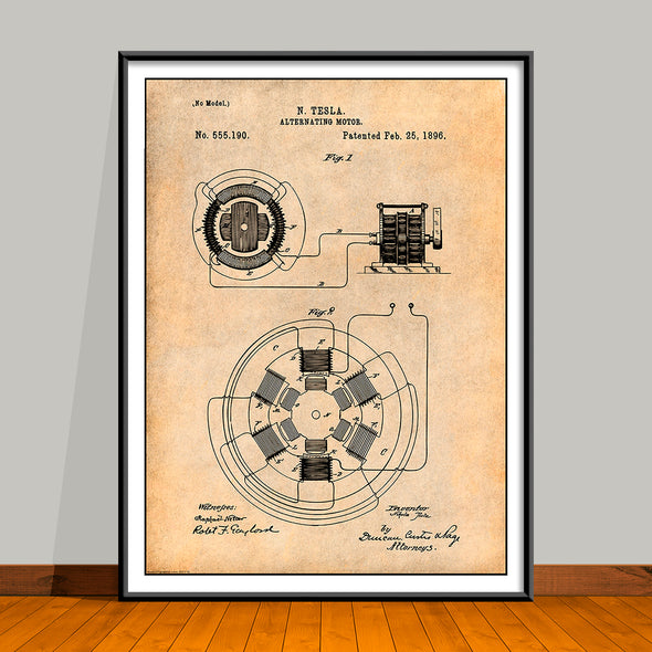 1896 Tesla Alternating Motor Patent Print - UNFRAMED