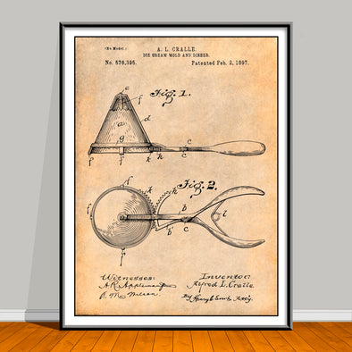 1897 Ice Cream Mold and Disher patent drawing on an antique paper background, unframed art print.