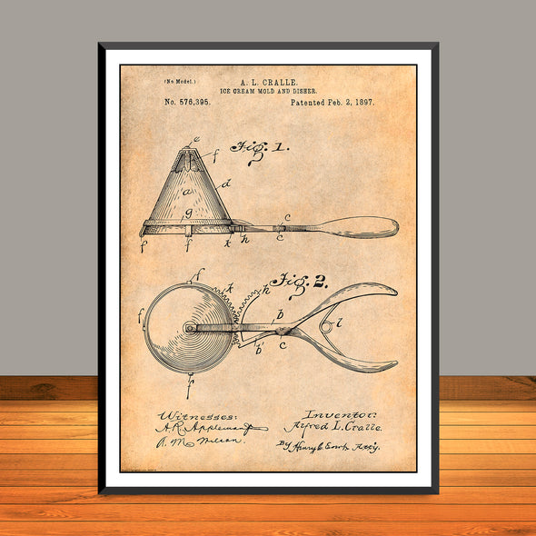 1897 A.L. Cralle Ice Cream Mold and Disher Patent Print - UNFRAMED