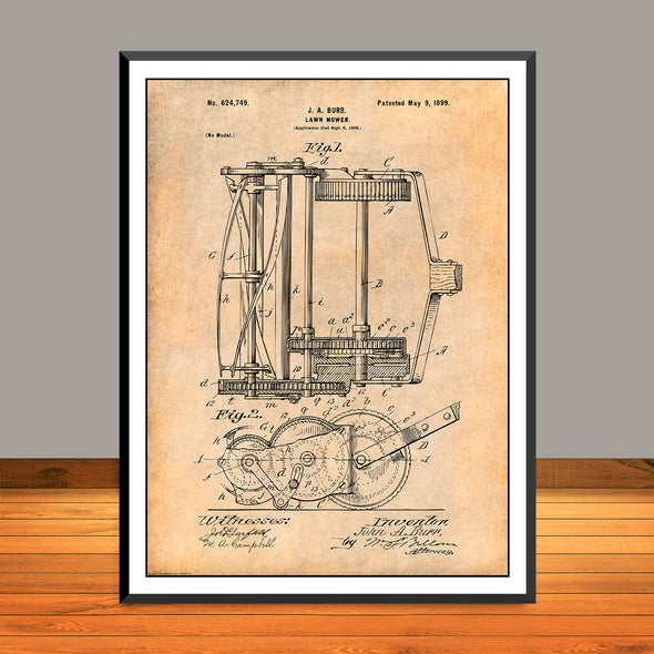 1898 J.A. Burr Lawn Mower Patent Print - UNFRAMED