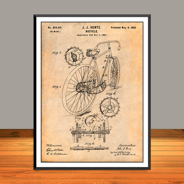 1899 Hentz Bicycle Patent Print - Unframed