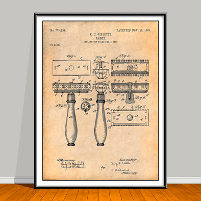 1901 Gillette Safety Razor Patent drawing on an antique paper background, unframed art print.