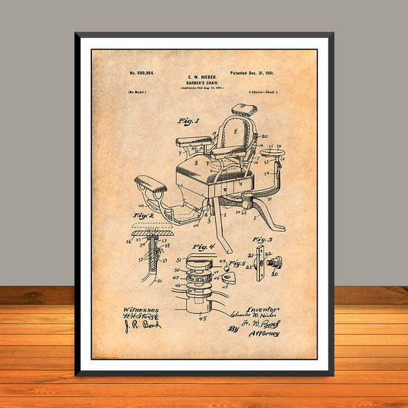 1901 Hieber Antique Barber Chair Patent Print - Unframed