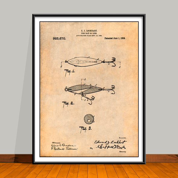 antique fishing lure prints 1909 Lockhart Antique Fishing Lure Patent Print