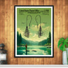 Vintage Fly Hook Patent with Scenic River Artwork – Rustic Fishing Decor - UNFRAMED
