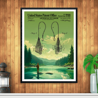Vintage Fly Hook Patent with Scenic River Artwork – Rustic Fishing Decor - UNFRAMED