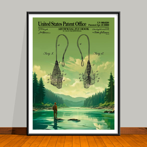 Artificial Fly Hook Embellished Patent Art Print, Rustic Fishing Decor - 2 Styles – UNFRAMED