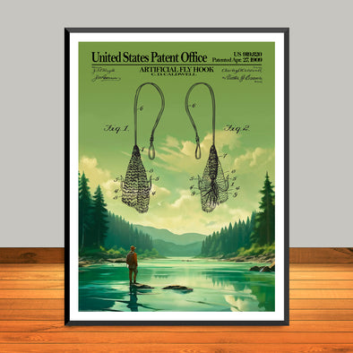 Vintage Fly Hook Patent with Scenic River Artwork – Rustic Fishing Decor - UNFRAMED