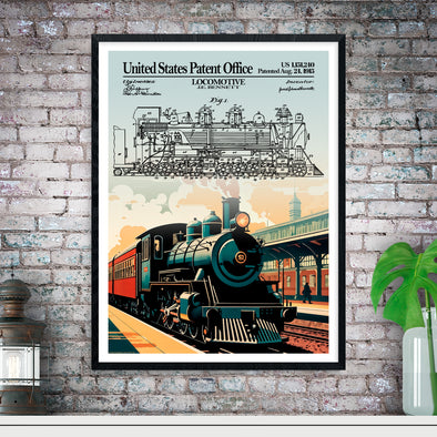 Vintage Locomotive Patent with Train Station Artwork – Railway Decor - UNFRAMED
