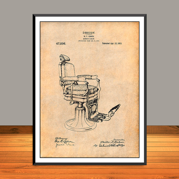 1915 Koken Barber's Chair Patent Print - UNFRAMED