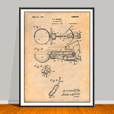 1924 Bidwell Ice Cream Scoop patent drawing on an antique paper background, unframed art print.