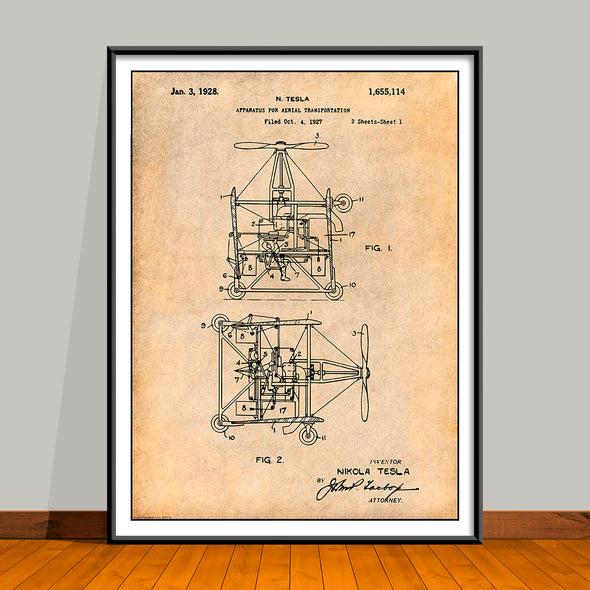 1927 Tesla Flying Machine Airplane Patent Print - Unframed