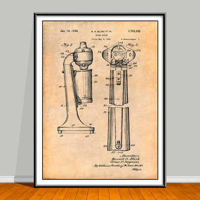 1929 Soda Fountain Drink Mixer patent drawing on an antique paper background, unframed art print.