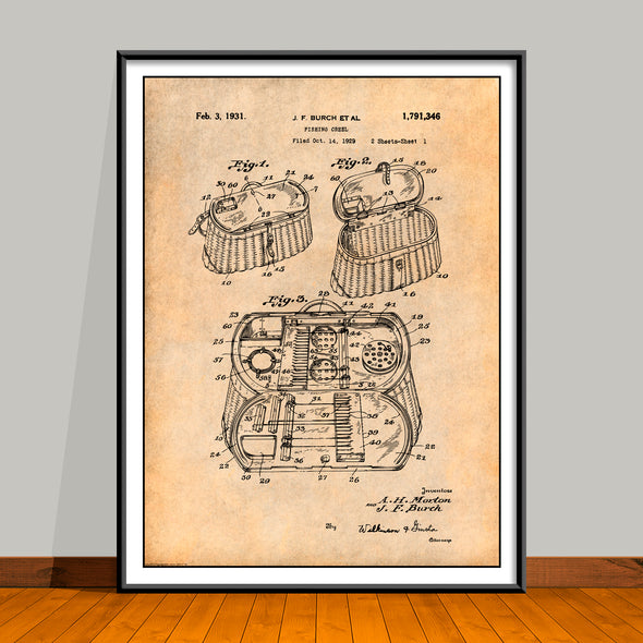 1931 Antique Burch Fishing Creel Patent Print - Unframed