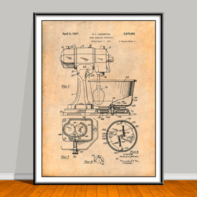 1934 Kitchen Mixer Patent drawing on an antique paper background, unframed art print.