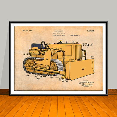 1934 Earth Moving Bulldozer Colorized Horizontal Patent Print - UNFRAMED