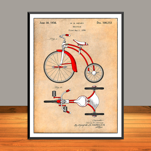 1936 Tricycle Colorized Patent Print - Unframed