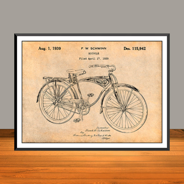 1939 Schwinn Bicycle Horizontal Patent Print - Unframed