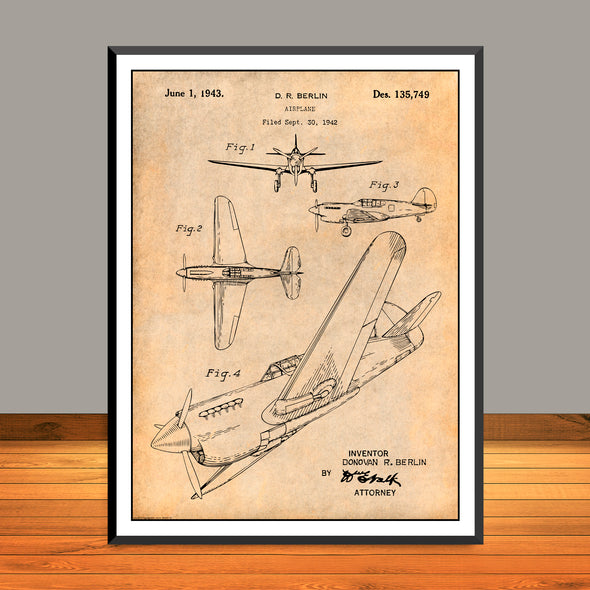 1942 Curtiss P40 Warhawk Patent Print - Unframed