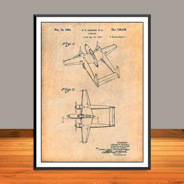 1943 Howard Hughes Military Aircraft Patent Print - UNFRAMED