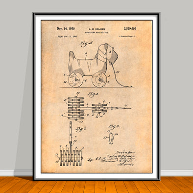 1945 Knockdown Wheeled Toy drawing on an antique paper background, unframed art print.