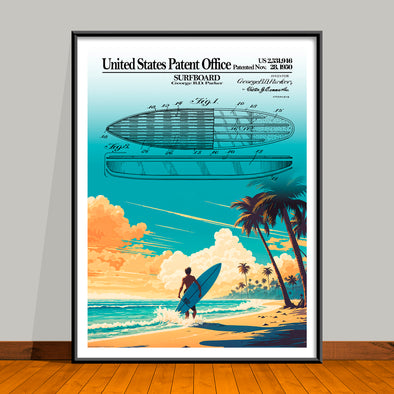 Surfboard Embellished Patent Art Print, Surf Poster, Beach House Decor - 2 Styles – UNFRAMED
