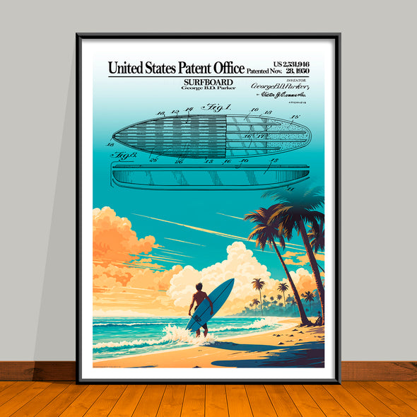 Surfboard Embellished Patent Art Print, Surf Poster, Beach House Decor - 2 Styles – UNFRAMED
