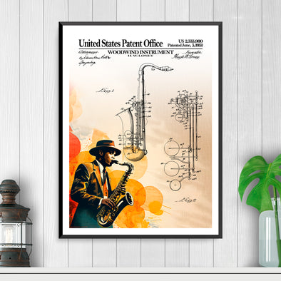 Saxophone Patent with Jazz Musician Artwork – Classic Music Decor – UNFRAMED