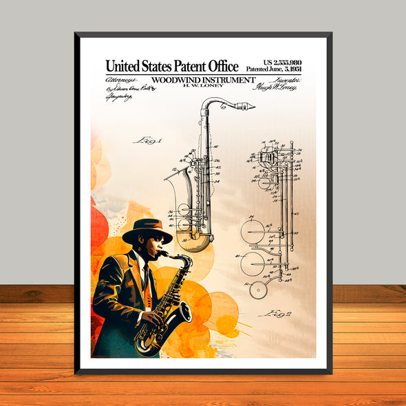 Saxophone Patent with Jazz Musician Artwork – Classic Music Decor – UNFRAMED
