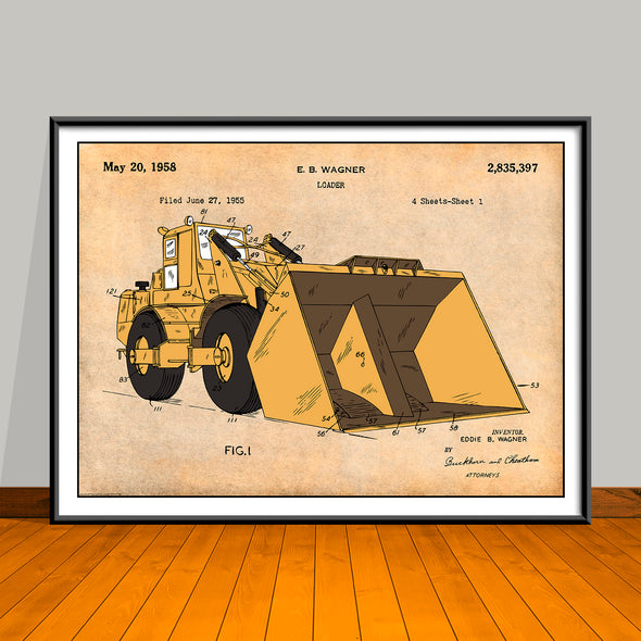 1955 Construction Front End Loader Colorized Patent Print - UNFRAMED