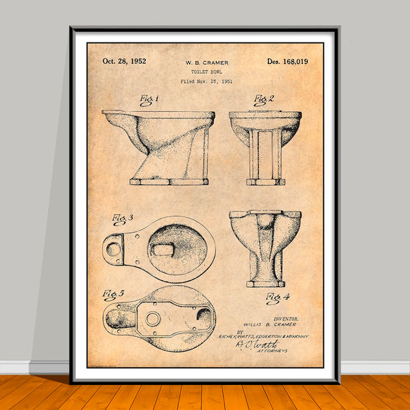 1957 Toilet Bowl patent drawing on an antique paper background, unframed art print.