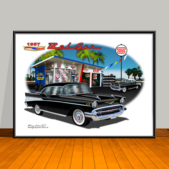 1957 Limited Edition Chevrolet Bel Air Beachy Garage Scene Classic Car Art Print - 18" X 24" UNFRAMED
