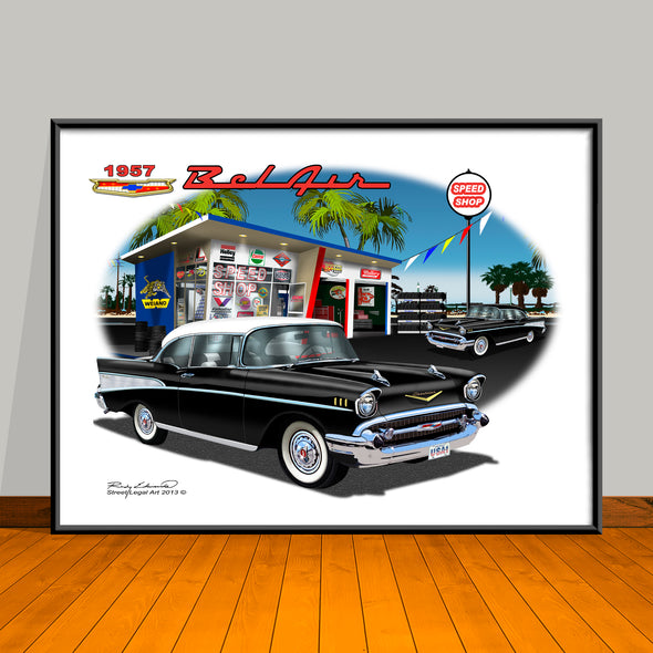 1957 Limited Edition Chevrolet Bel Air Two-tone Beachy Garage Scene Classic Car Art Print - 18" X 24" UNFRAMED