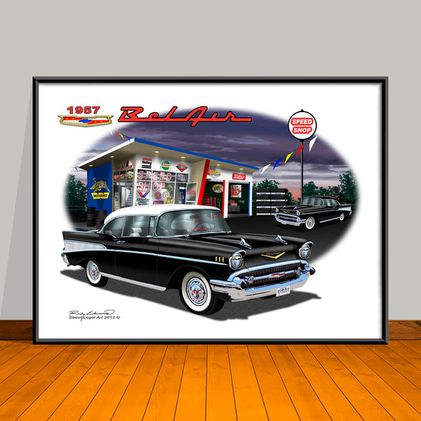 1957 Limited Edition Chevrolet Bel Air Two-tone Storm Scene Classic Car Art Print - 18" X 24" UNFRAMED