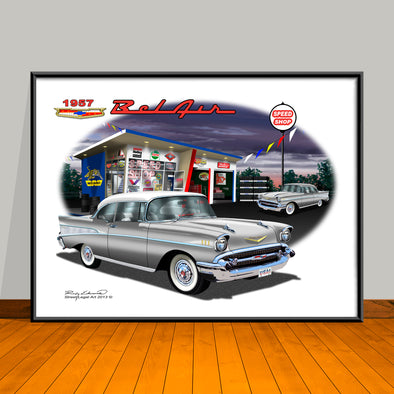 1957 Limited Edition Chevrolet Bel Air Two-tone Storm Scene Classic Car Art Print - 18" X 24" UNFRAMED