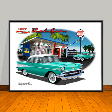 1957 Limited Edition Chevrolet Bel Air Two-tone Beachy Garage Scene Classic Car Art Print - 18" X 24" UNFRAMED
