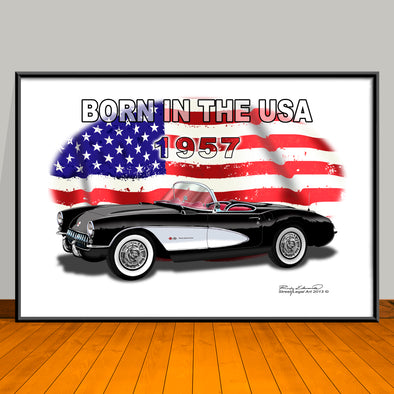 1957 Corvette Born in the USA Car Art Print - 13" X 19" UNFRAMED