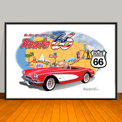 1959 Corvette Route 66 Art Print - 13" X 19" UNFRAMED