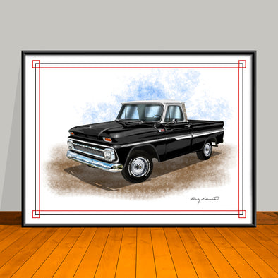 1960's Chevrolet C10 Pickup Truck Chrome Stripe and White Top Art Print - 18" X 24" UNFRAMED